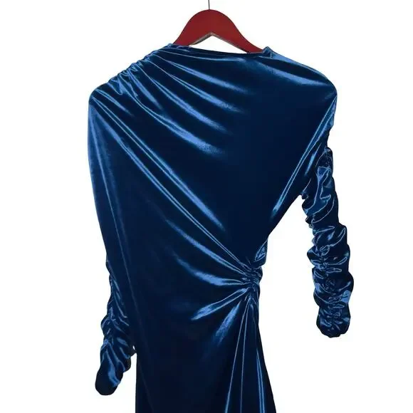 Atlein Blue Velvet Ruched Long Sleeve Mini Dress sz 42 XL Atlein Blue Velvet Ruched Long Sleeve Mini Dress sz 42 XL